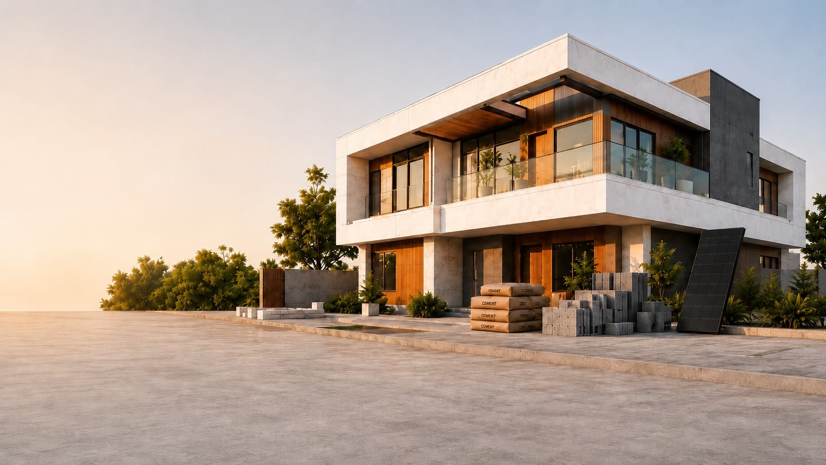 Villa moderne avec matériaux de construction et panneau solaire